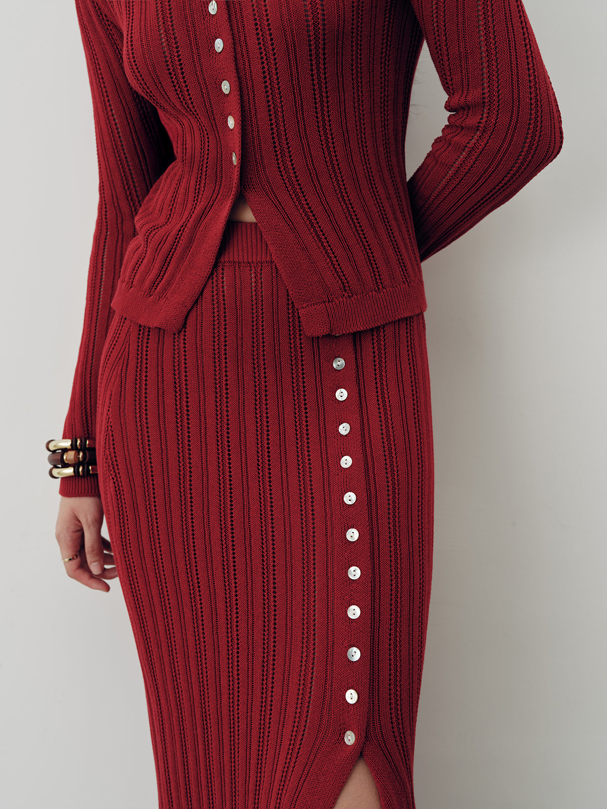 Collared Knit Top and Slit Skirt Set