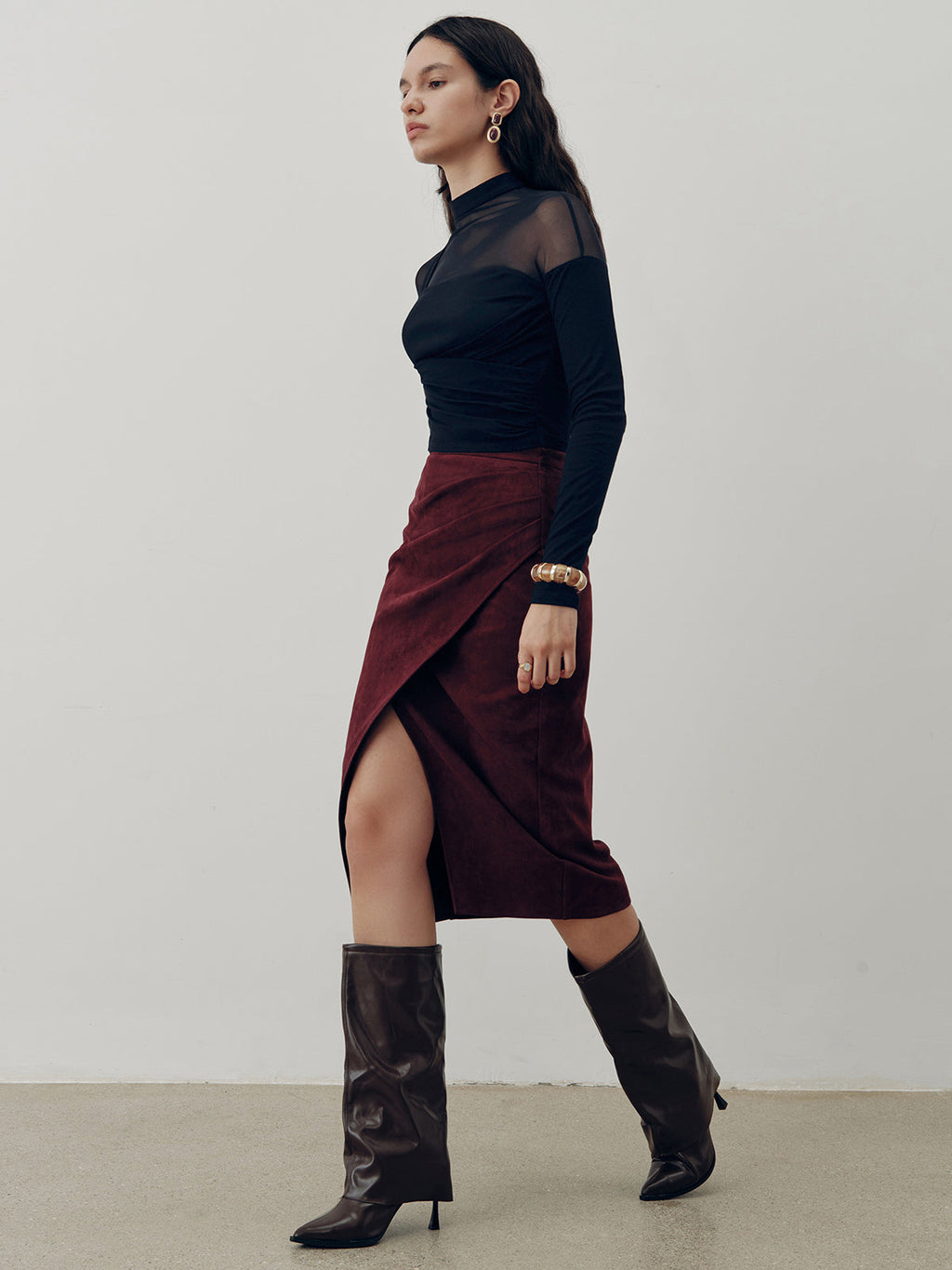 Sheer Mesh Panel Long Sleeve Top