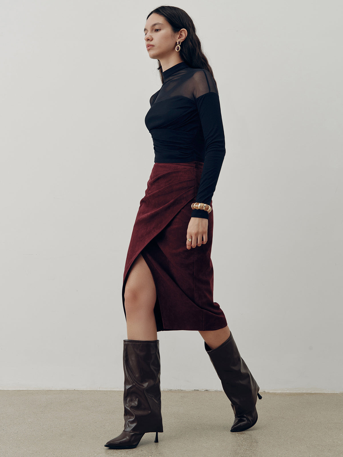 Sheer Mesh Panel Long Sleeve Top