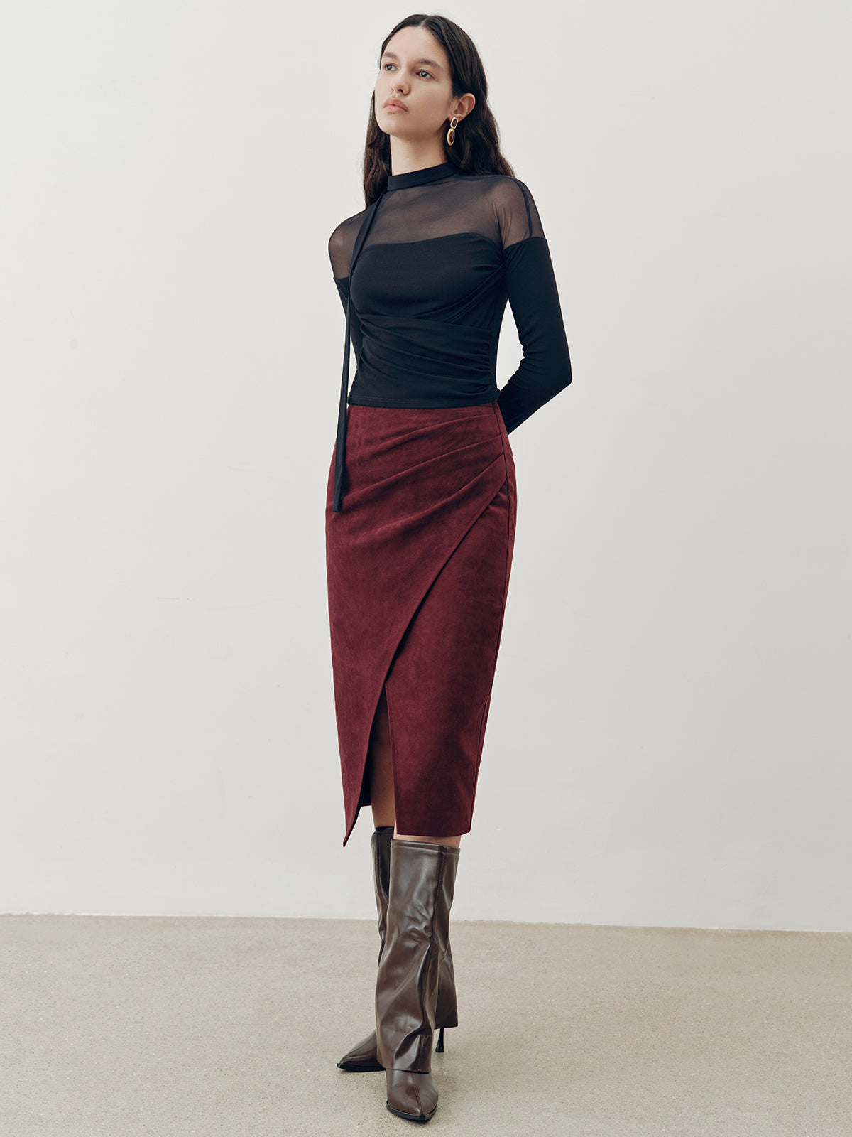 Suede Effect Pleated Slit Midi Skirt