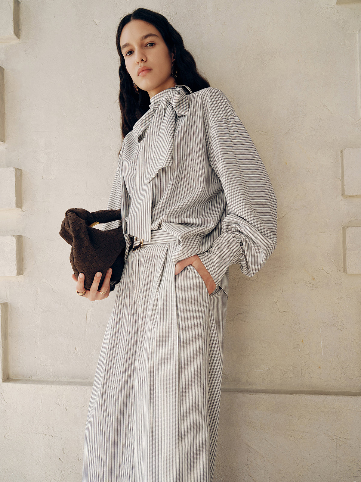 Large Bow Neck Striped Blouse