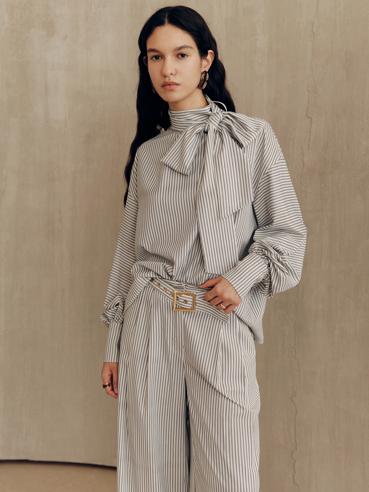 Large Bow Neck Striped Blouse