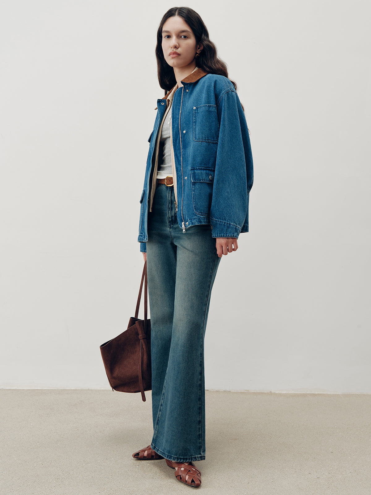 Suede Collar Zip-Front Denim Jacket