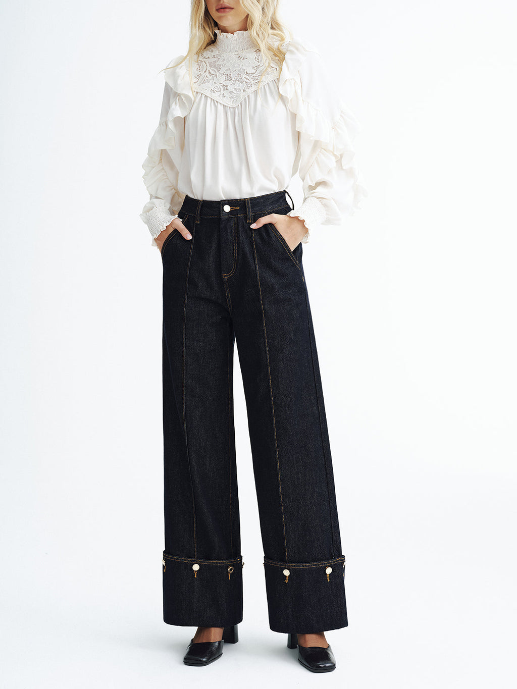 Jean en jean à revers taille mi-haute