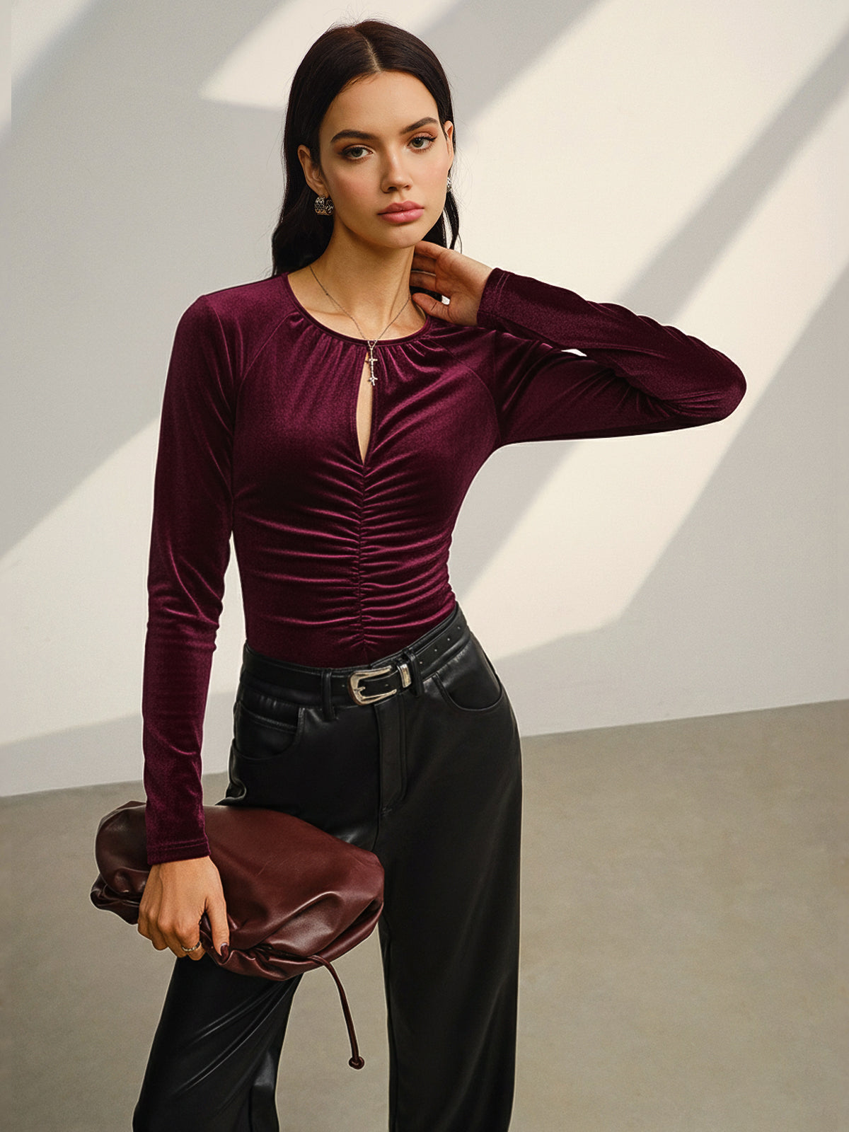 Velvet Ruched Long-Sleeve Bodysuit