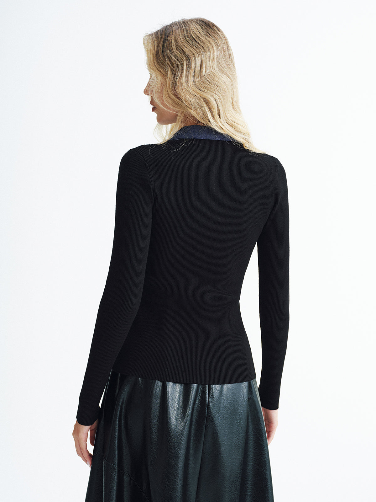 Denim Panel Ribbed Knit Cardigan