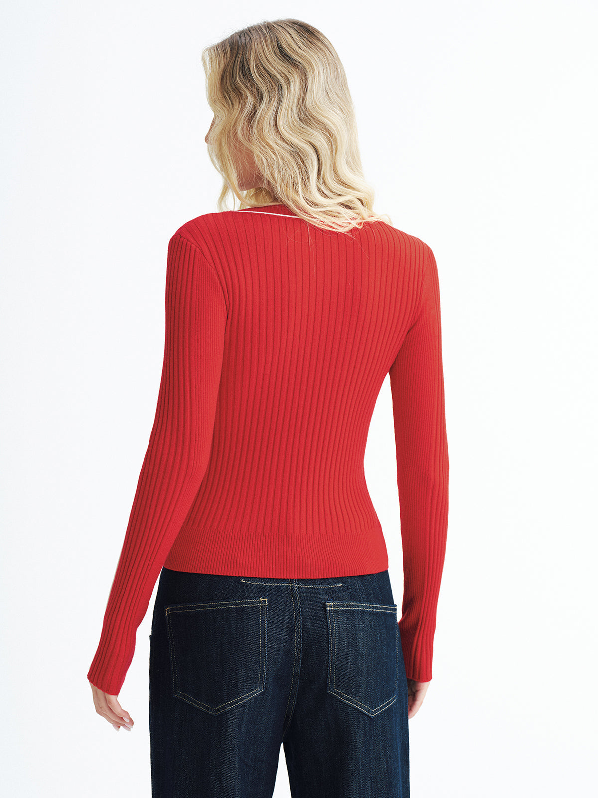 Contrast Trim Wool-Blend Ribbed Knit Sweater