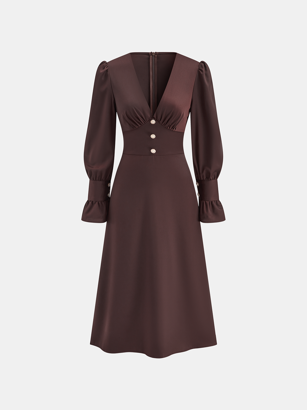 Robe ajustée à col en V, manches bouffantes et boutons