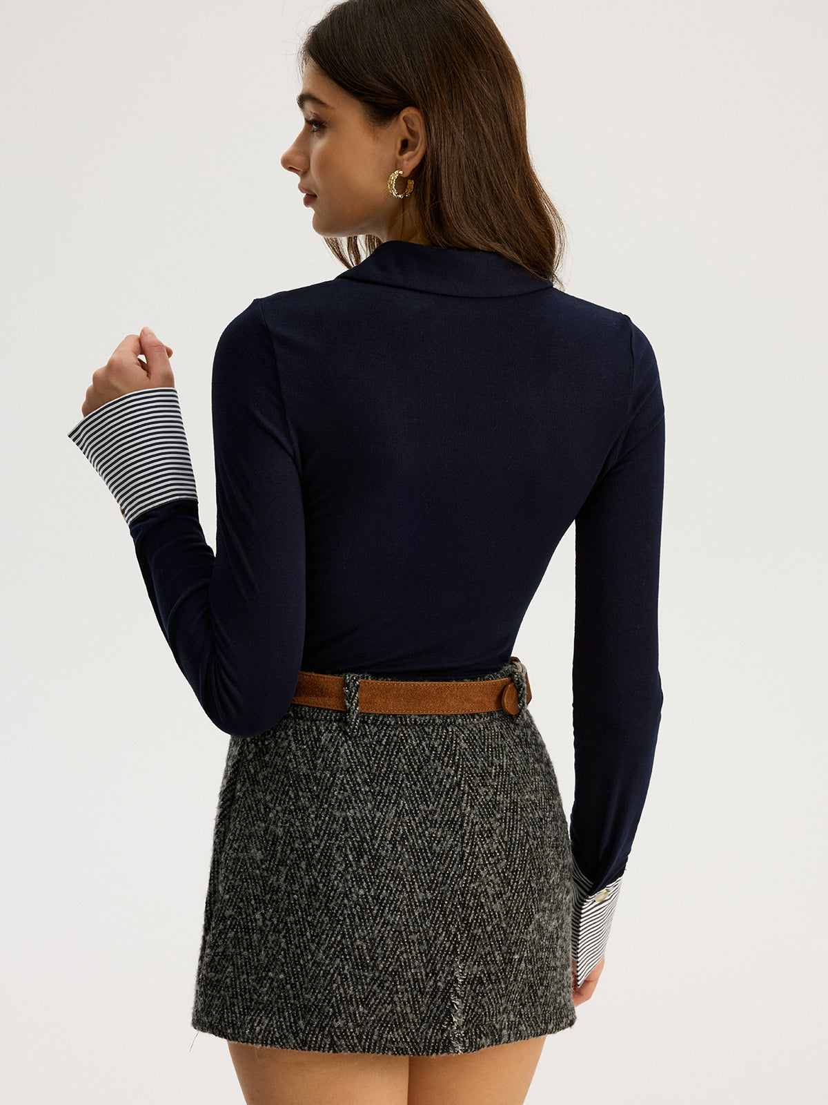 Asymmetric Button Striped Cuff Polo Top