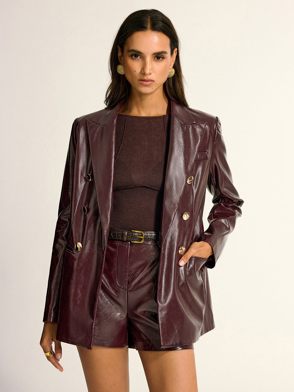 Blazer aus PU-Leder mit Metallknöpfen und Revers-Tasche