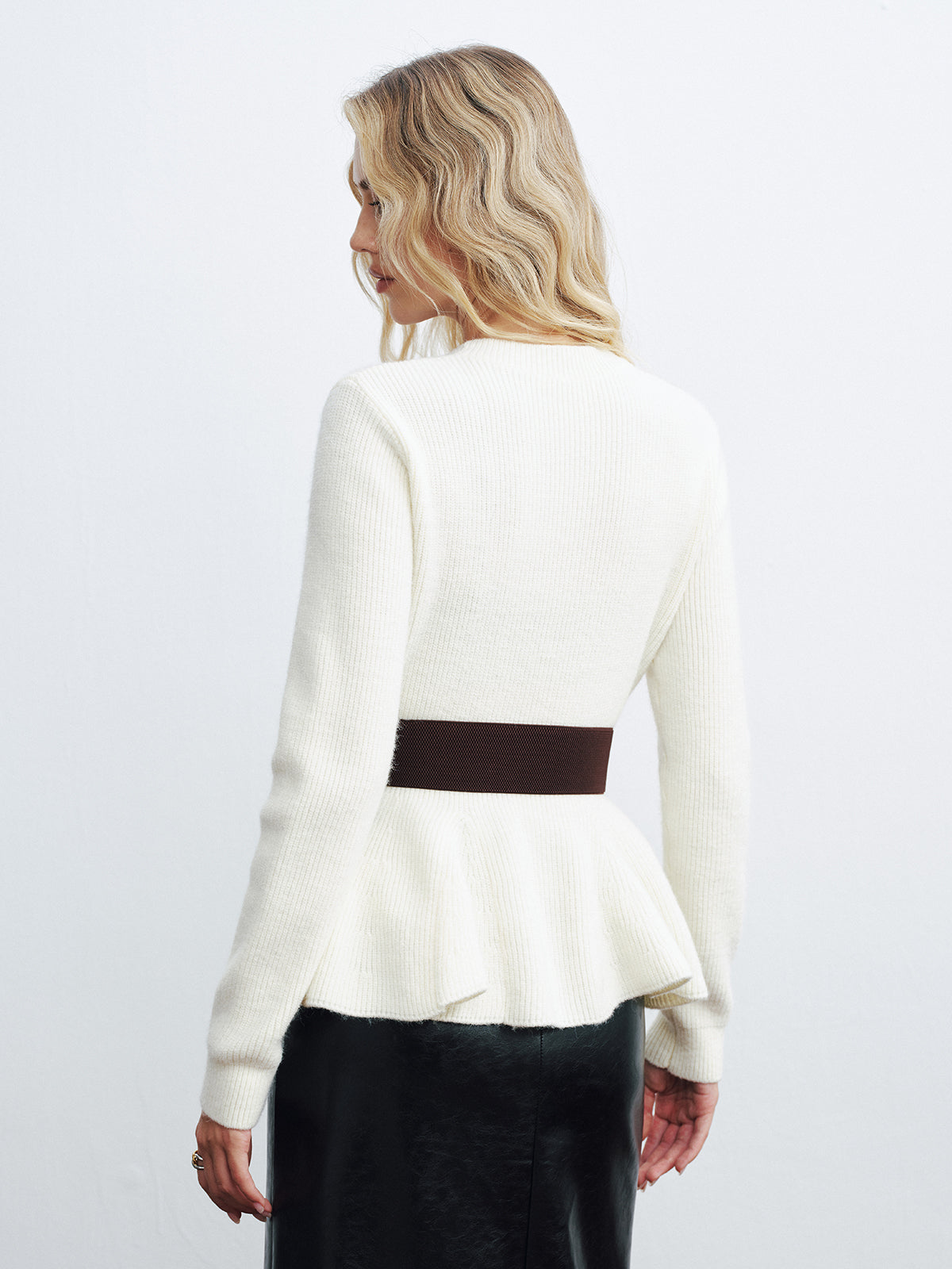Peplum Cable-Knit Top with Wide Belt
