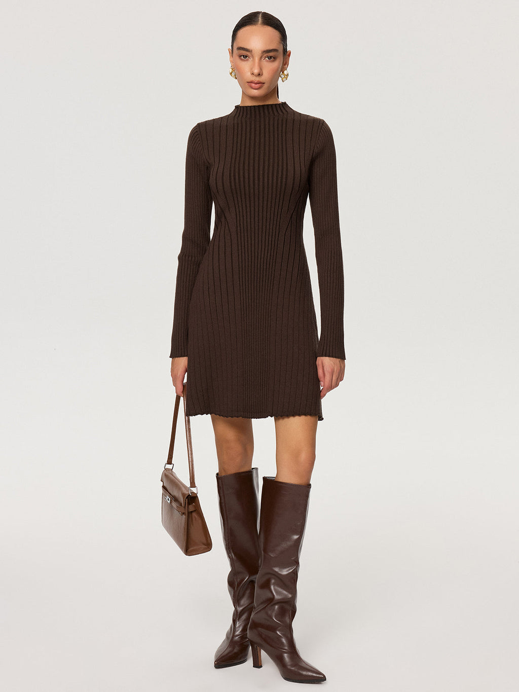 Geripptes Langarm-Strickkleid mit Stehkragen