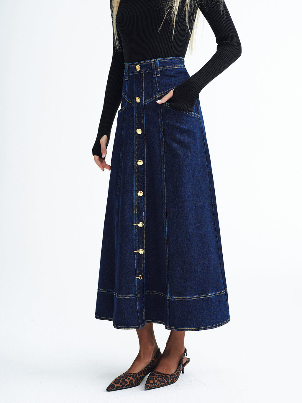 Metal Button Denim Midi Skirt