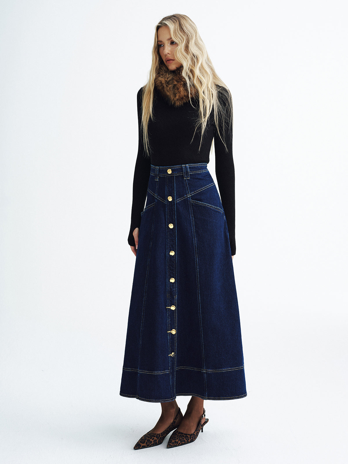 Metal Button Denim Midi Skirt
