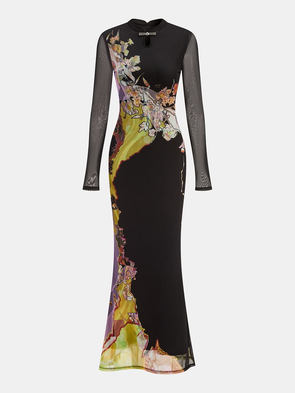 Mesh Long Sleeve Floral Print Maxi Dress