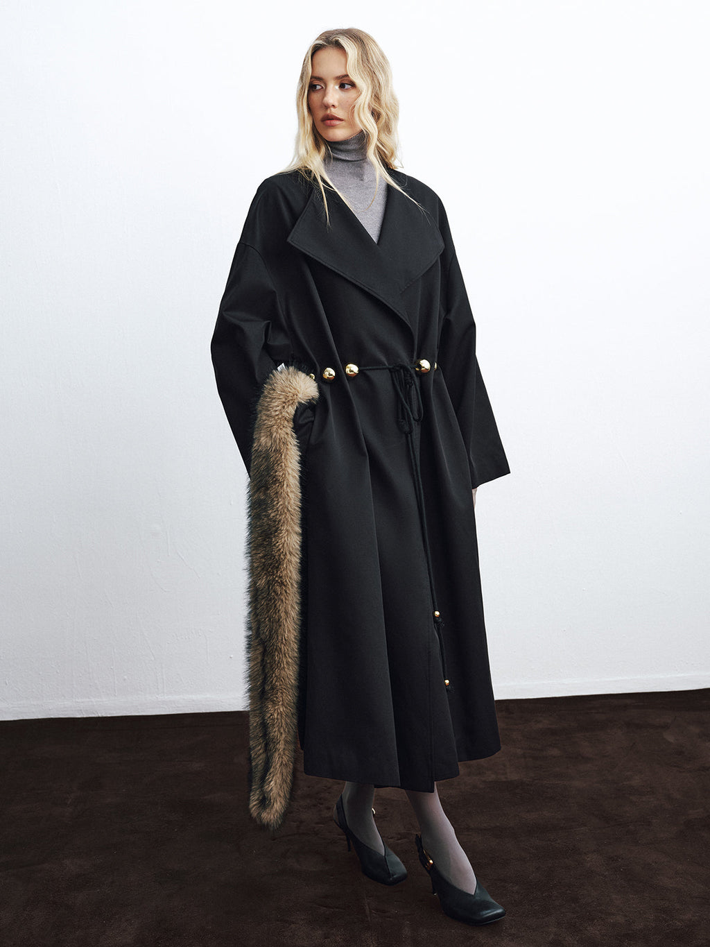 Metal Detail Tie-Belt Oversized Long Trench Coat