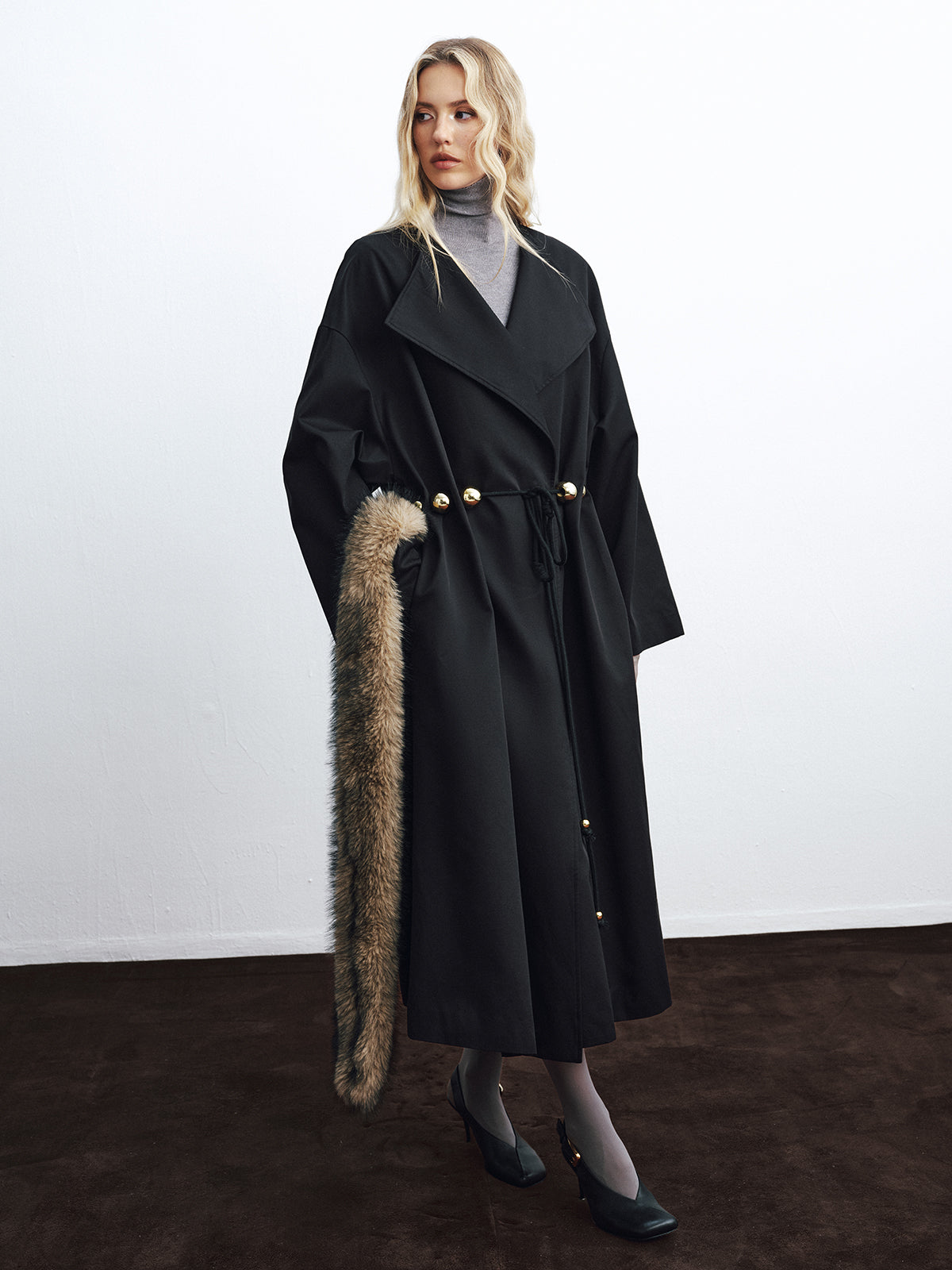 Metal Detail Tie-Belt Oversized Long Trench Coat