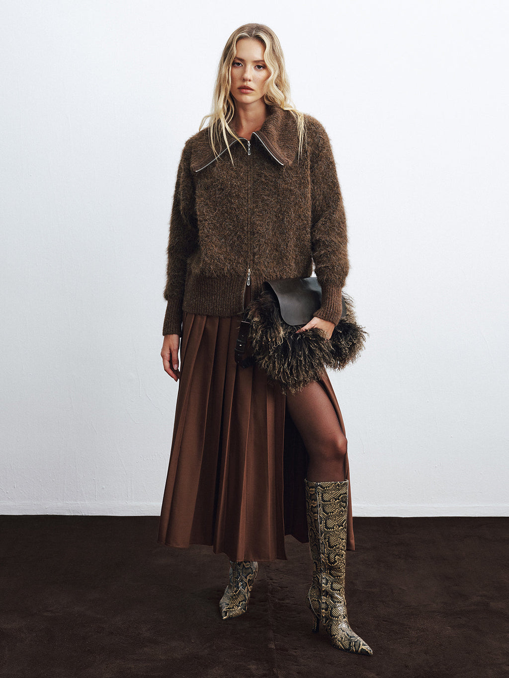 Oversized Collar Double-Zip Fuzzy Knit Jacket
