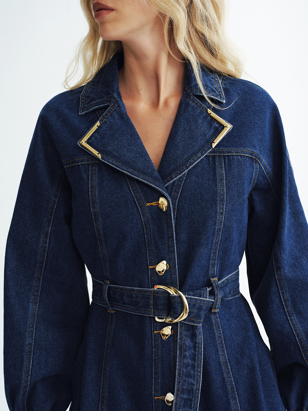 Metal Button Denim Belted Shirt Dress