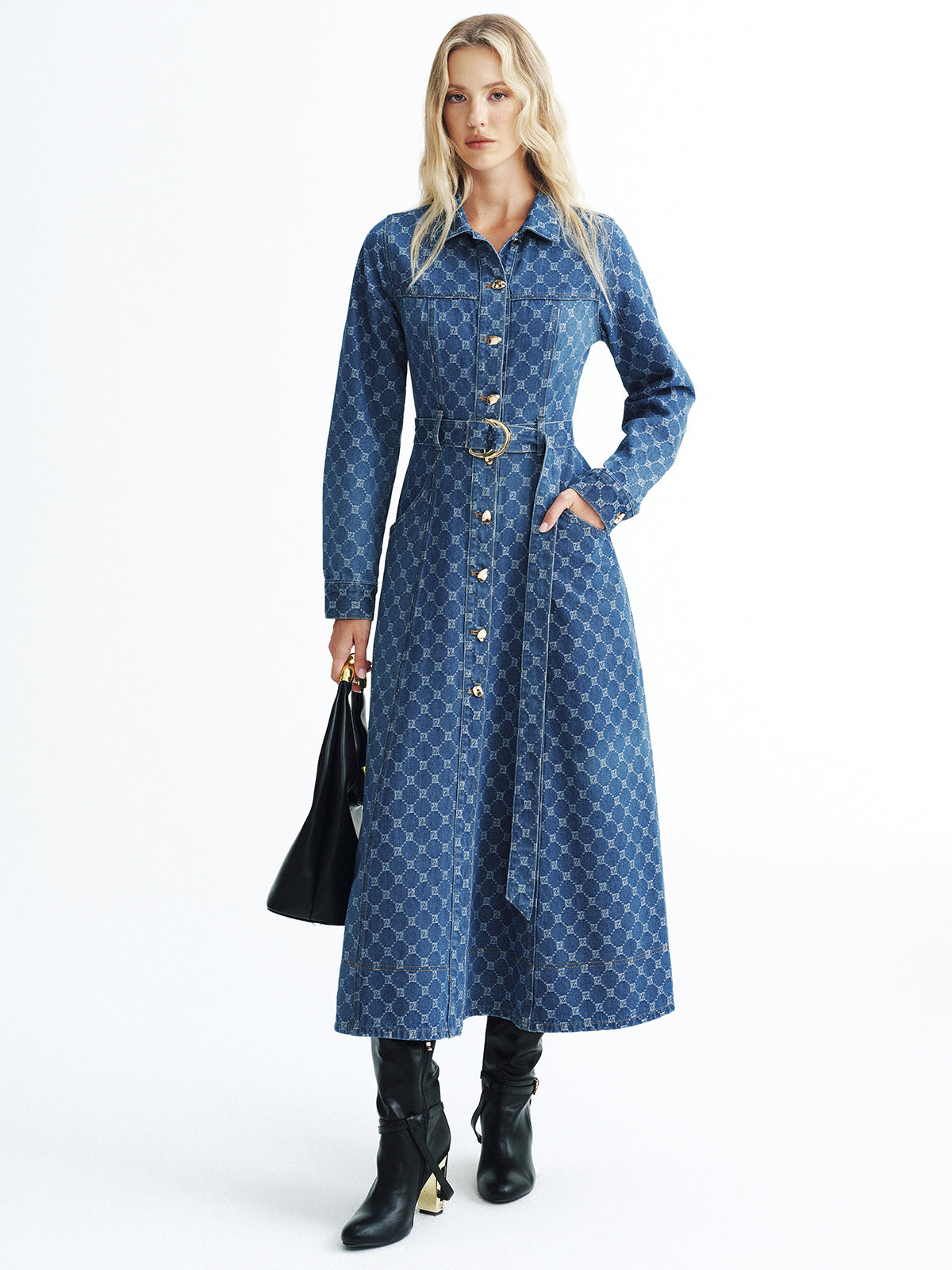Printed Denim Belted Midi Shirt Dress