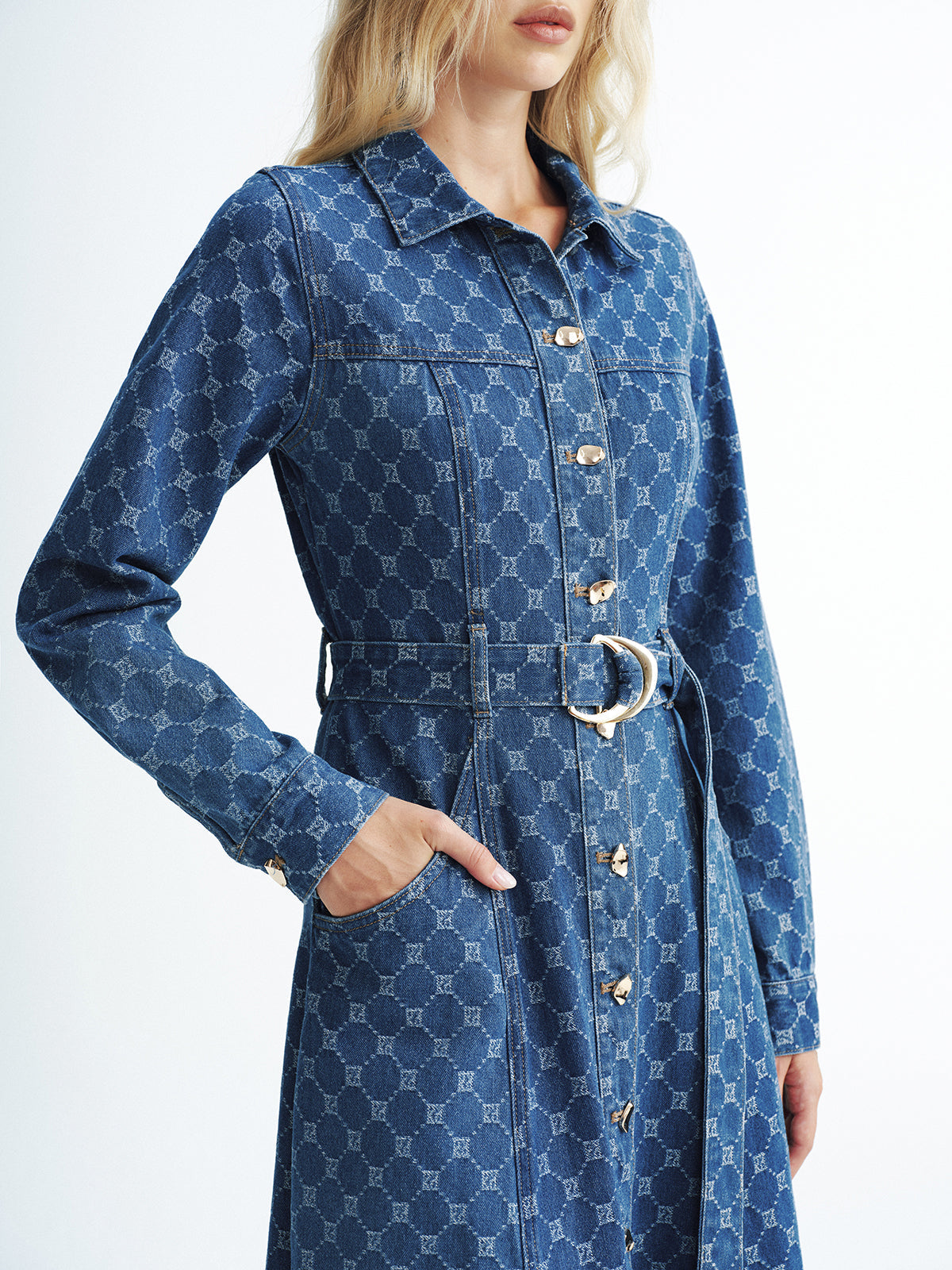Printed Denim Belted Midi Shirt Dress