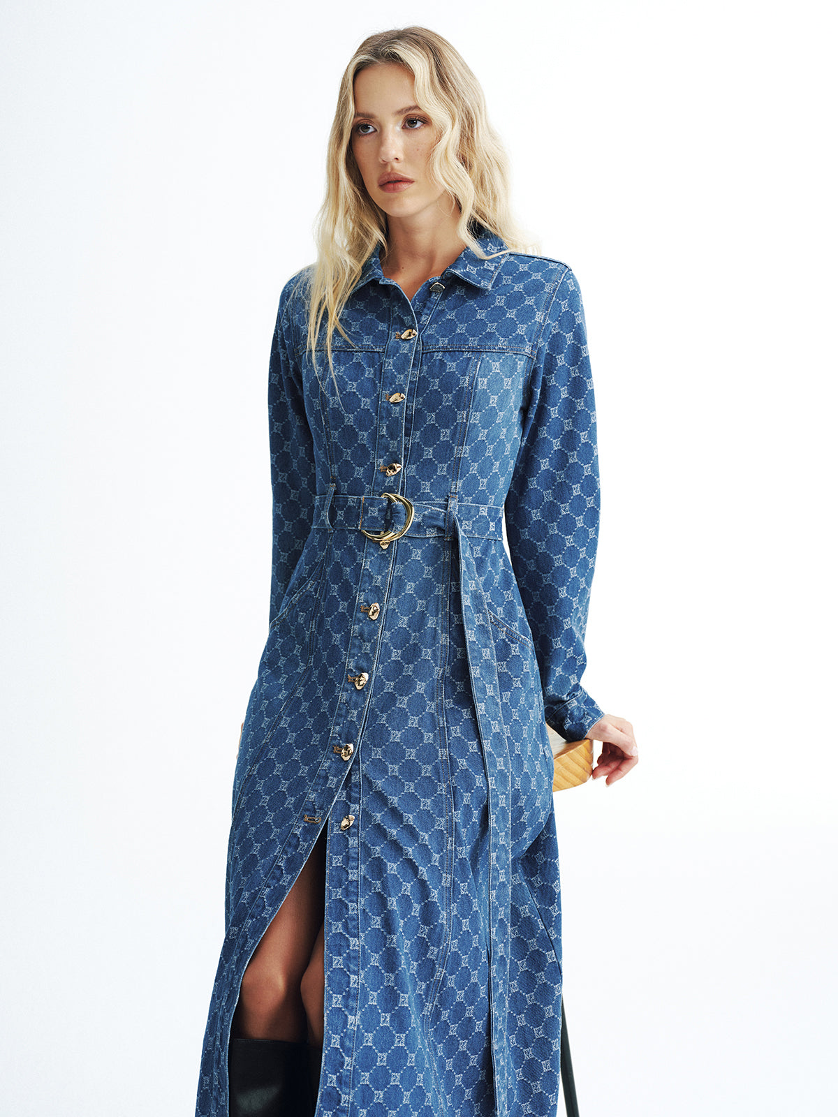 Printed Denim Belted Midi Shirt Dress