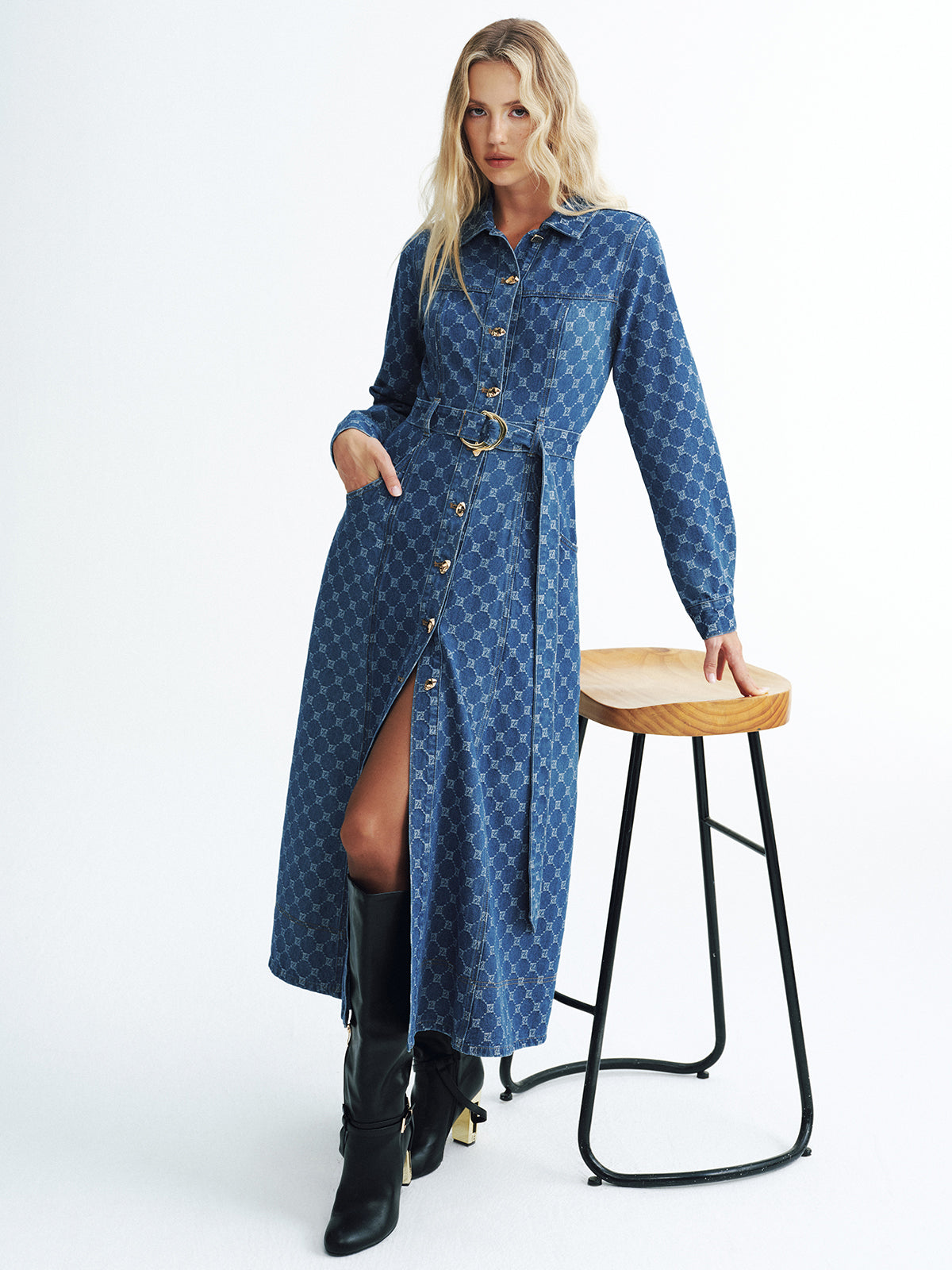 Printed Denim Belted Midi Shirt Dress