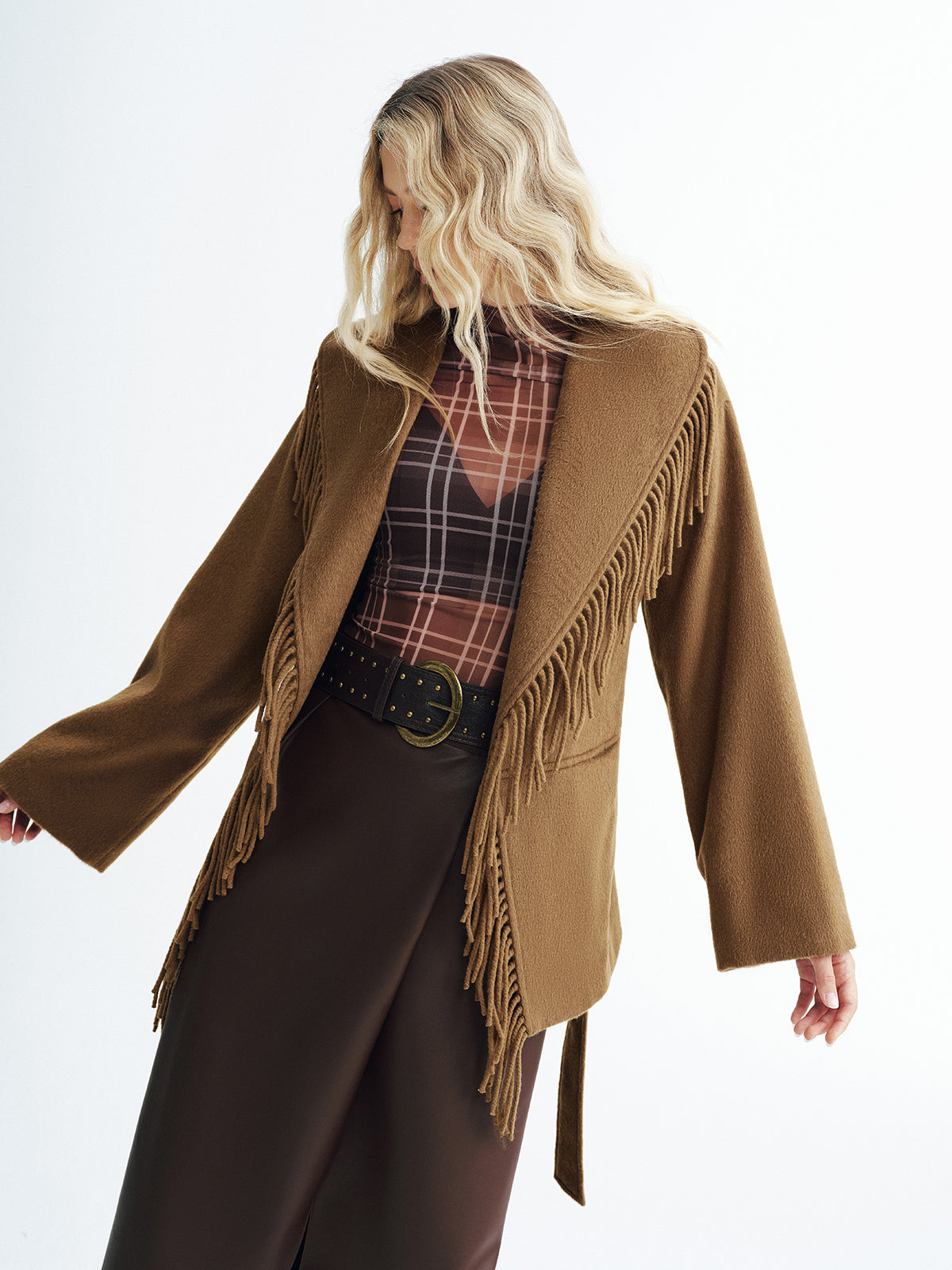 Fringed Belted Fleece Coat