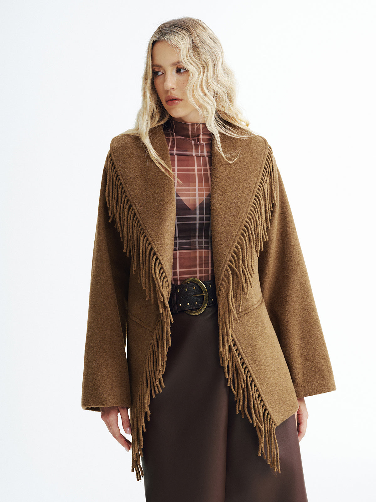 Fringed Belted Fleece Coat