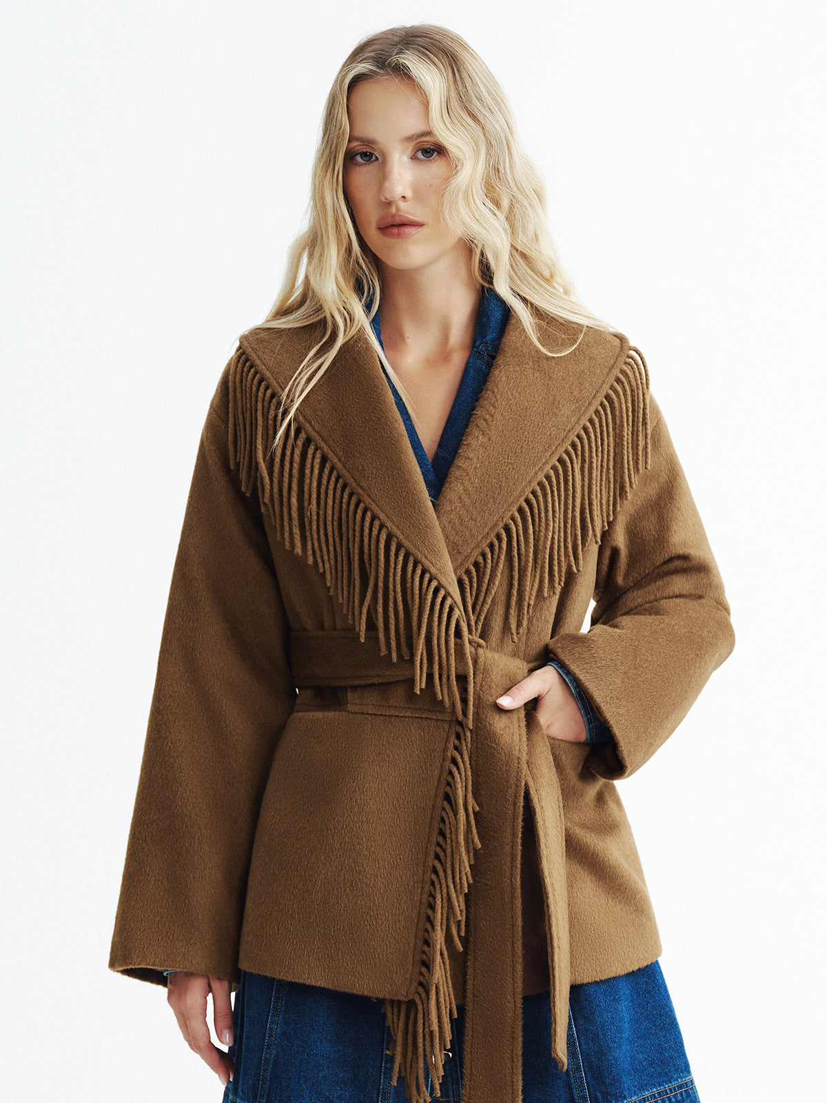 Fringed Belted Fleece Coat