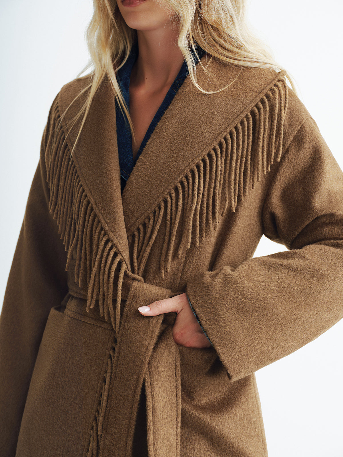 Fringed Belted Fleece Coat