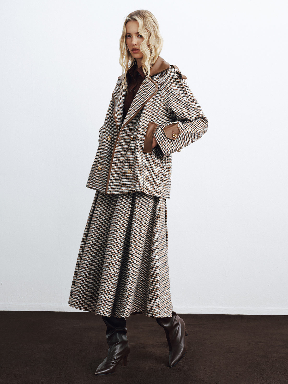 Faux Leather Trim Belted Houndstooth Coat