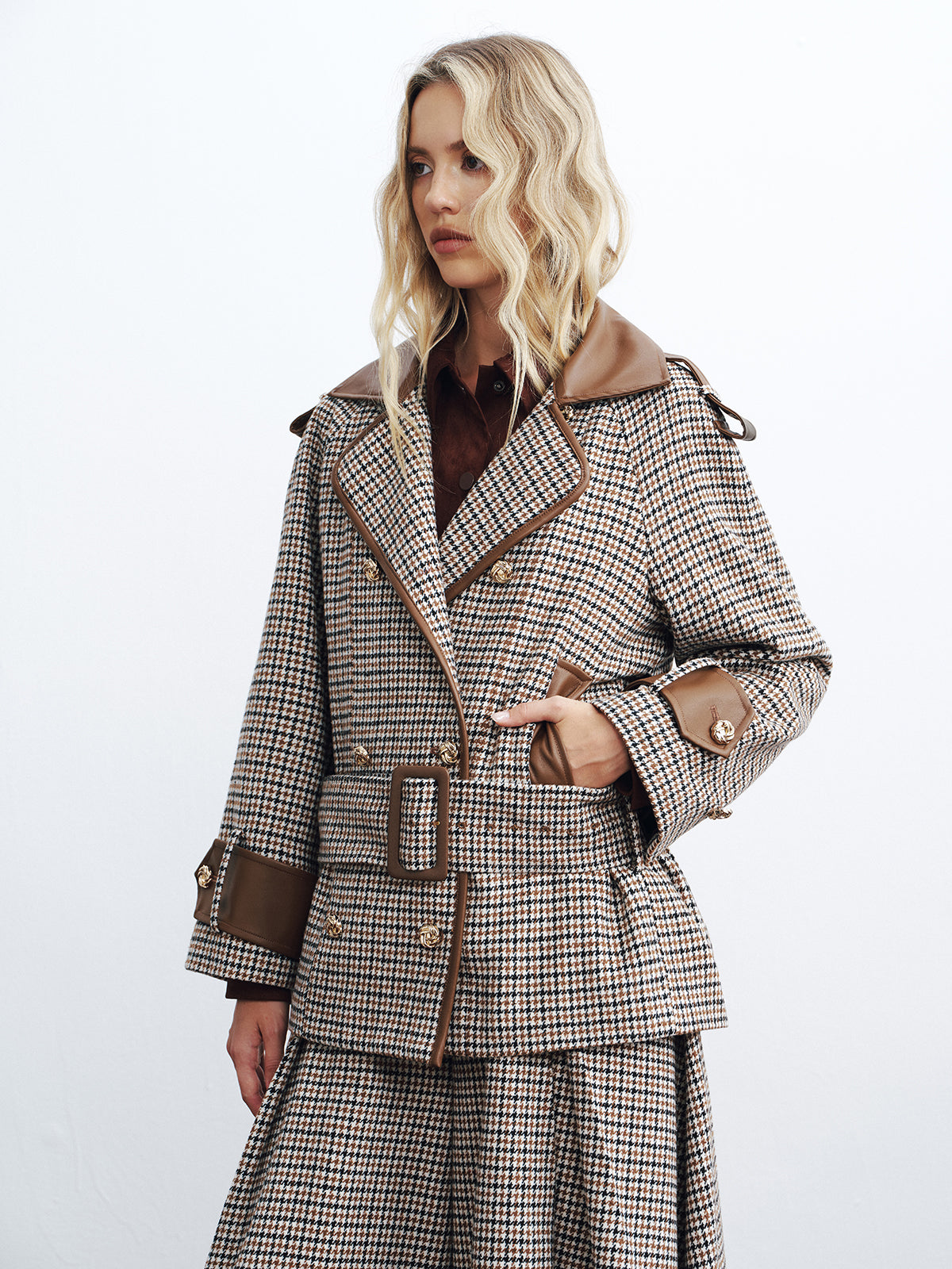 Faux Leather Trim Belted Houndstooth Coat
