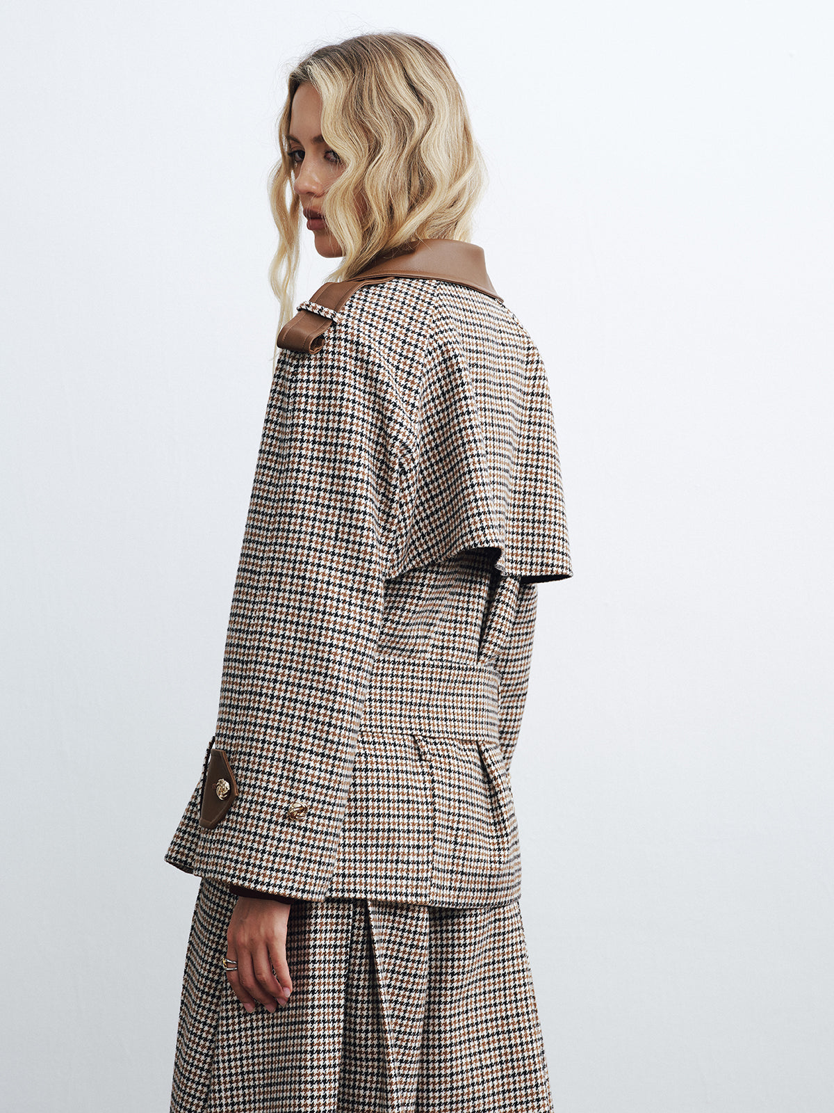 Faux Leather Trim Belted Houndstooth Coat