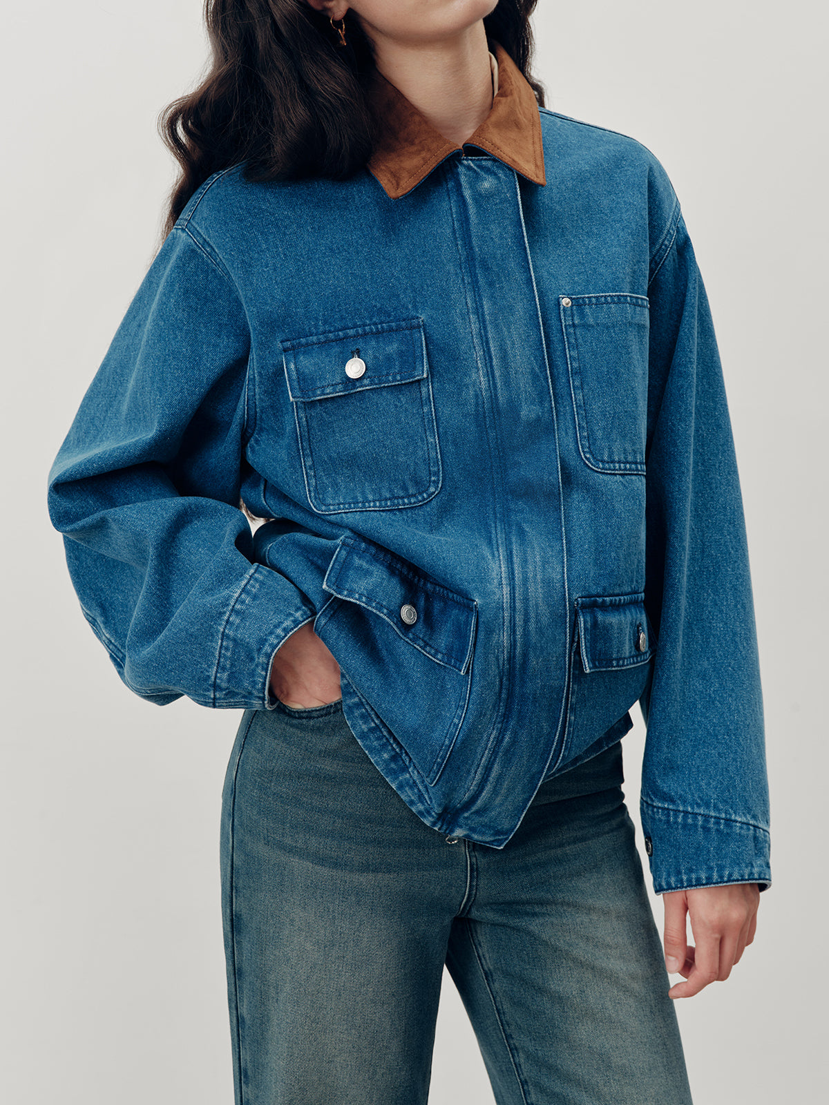 Suede Collar Zip-Front Denim Jacket