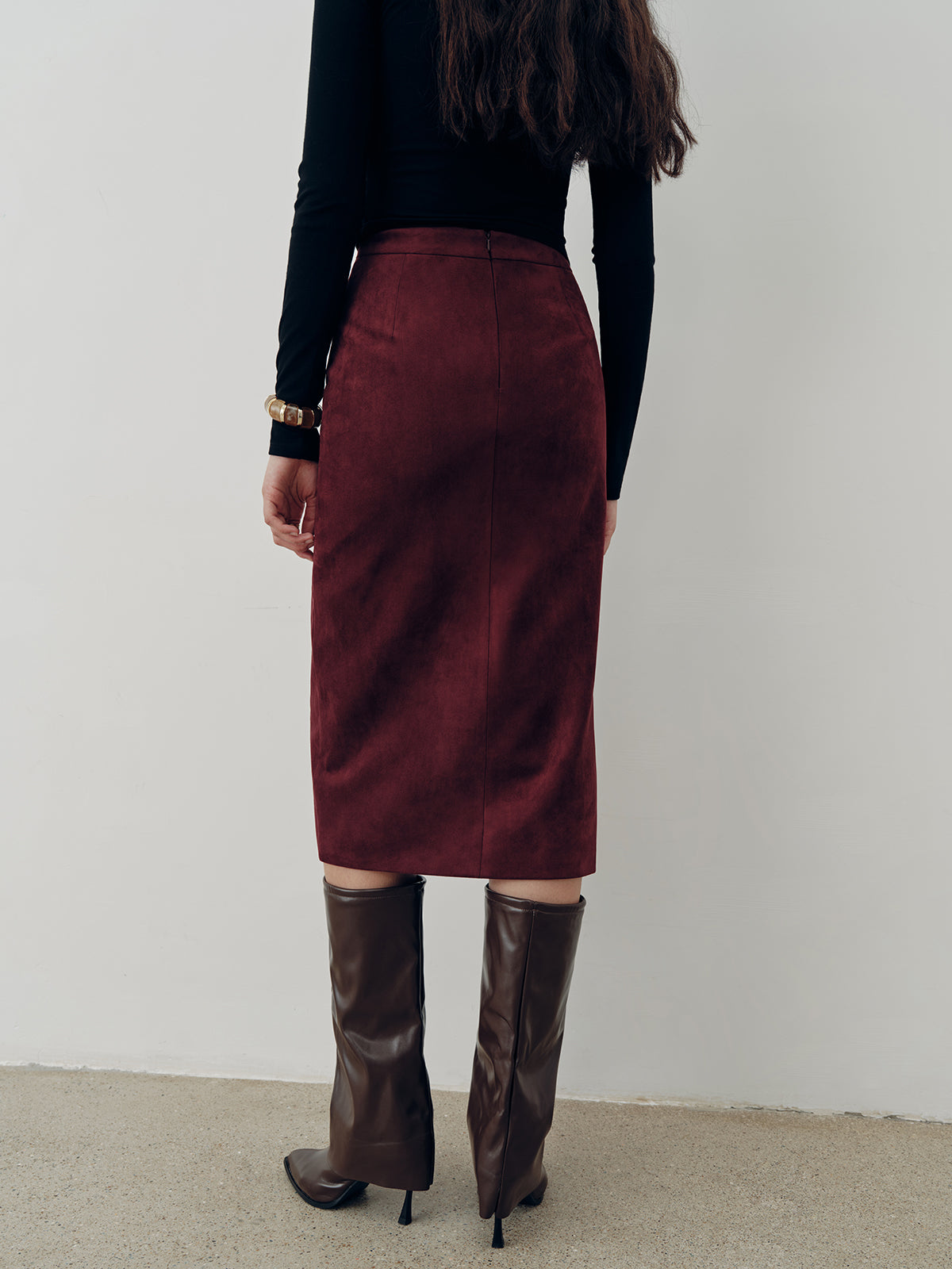 Suede Effect Pleated Slit Midi Skirt