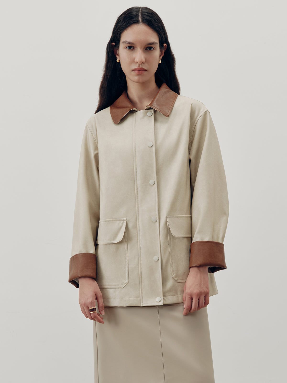 Contrast Collar PU Leather Jacket