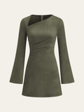 Asymmetrical Ruched Long Sleeve Suede Effect Mini Dress