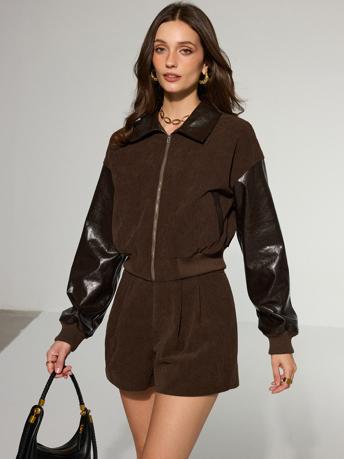 Faux Leather Panel Corduroy Zip-Up Jacket