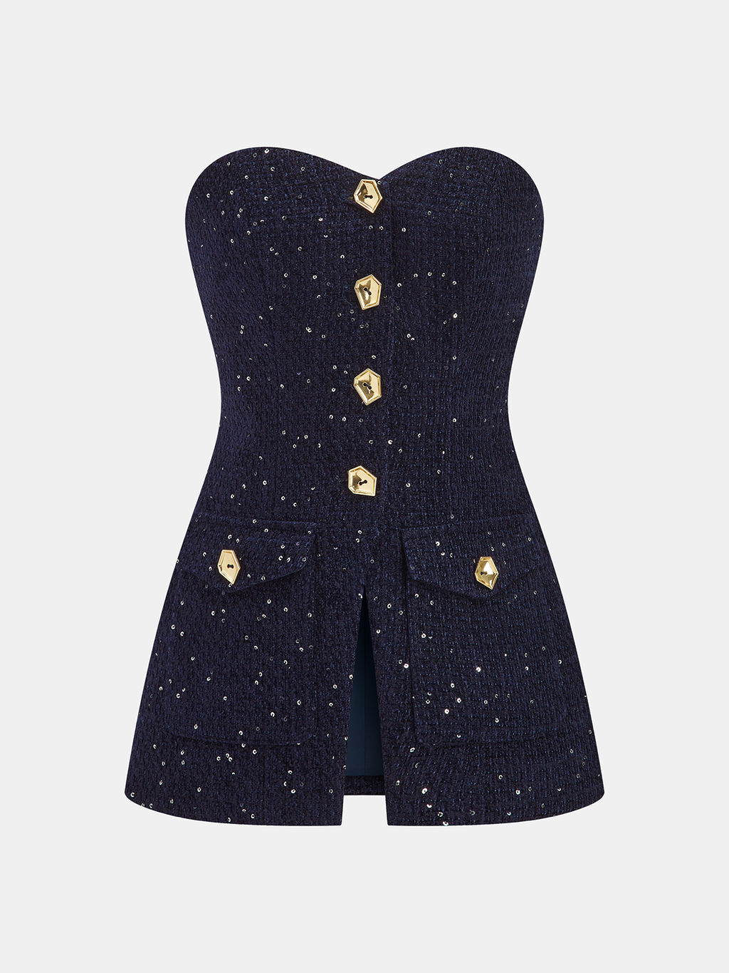 Metal Button Sequin Tweed Strapless Vest