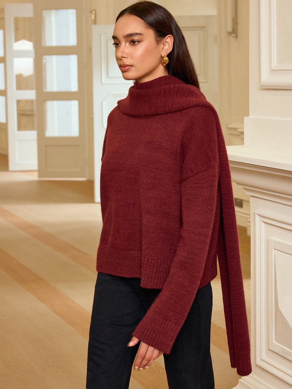 Oversized Knit Sweater with Scarf