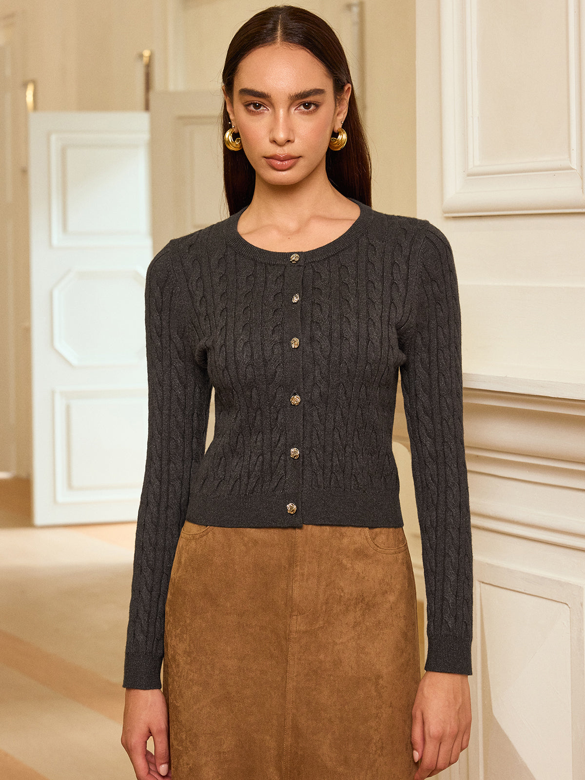 Metal Button Cable-Knit Cardigan