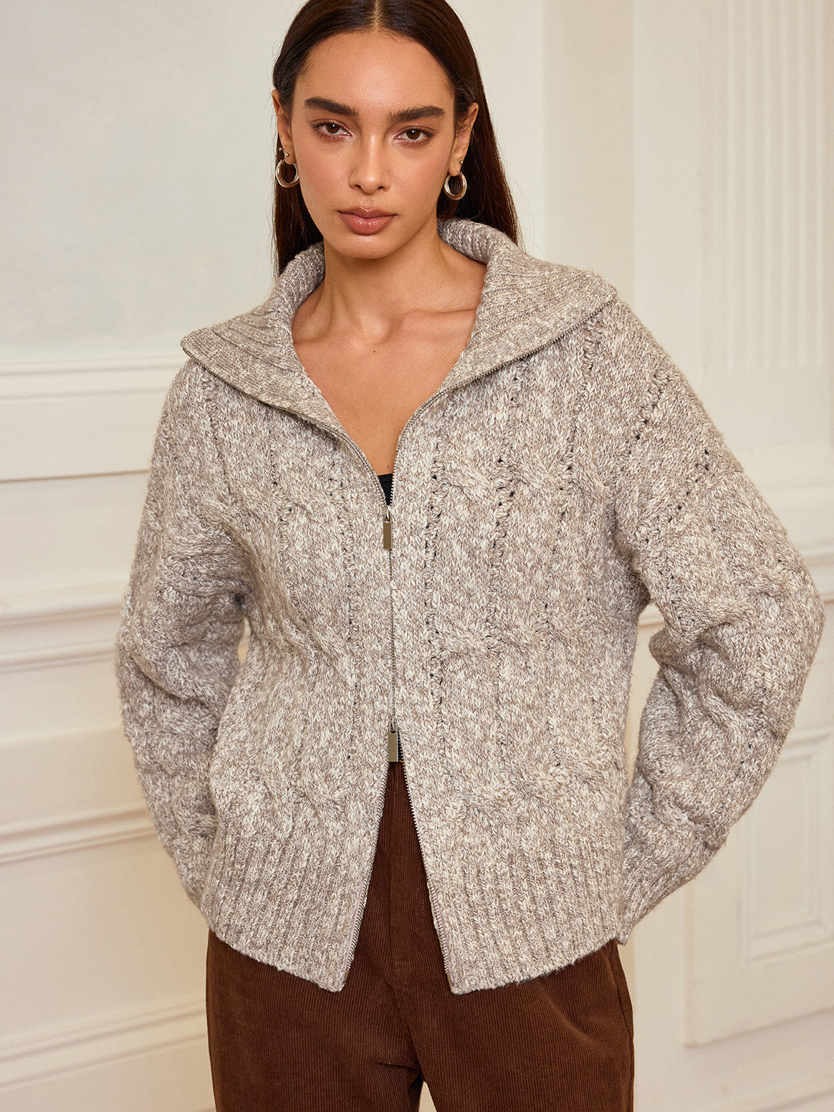 Zip-Up Cable Knit Top