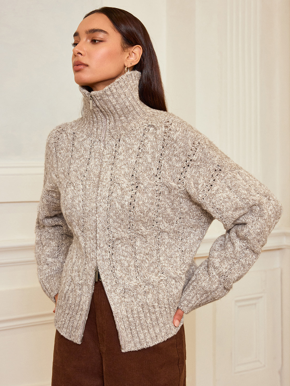 Zip-Up Cable Knit Top