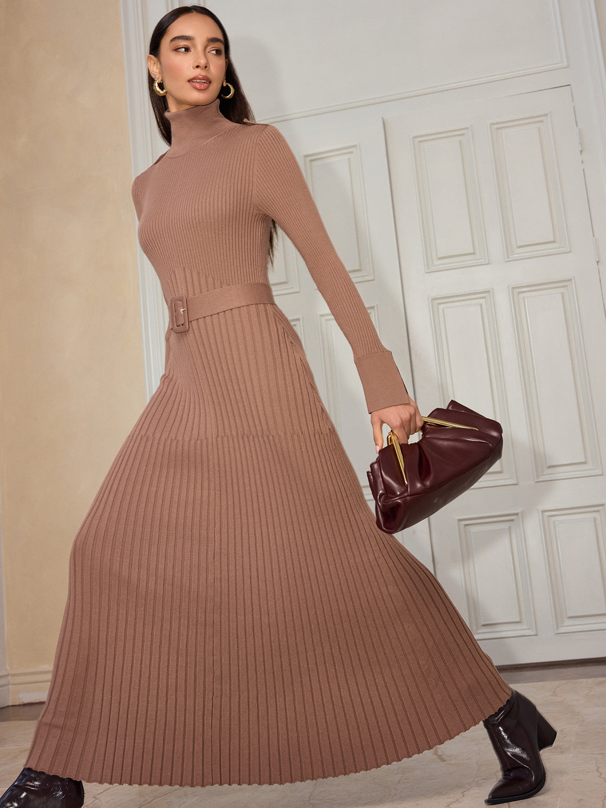 Belted Flared Cuff Turtleneck Maxi Dress
