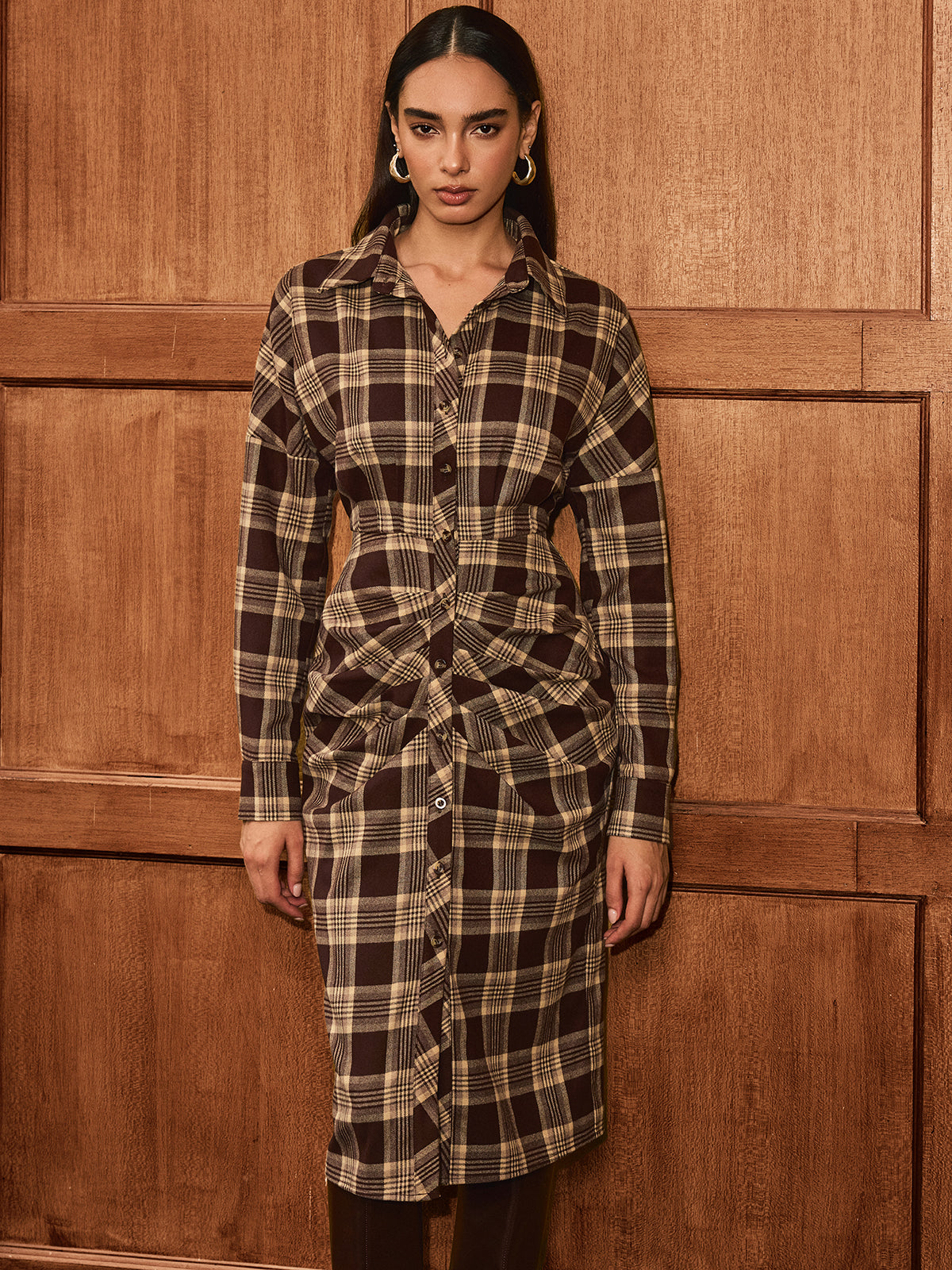 Ruched Button-Front Plaid Shirt Dress