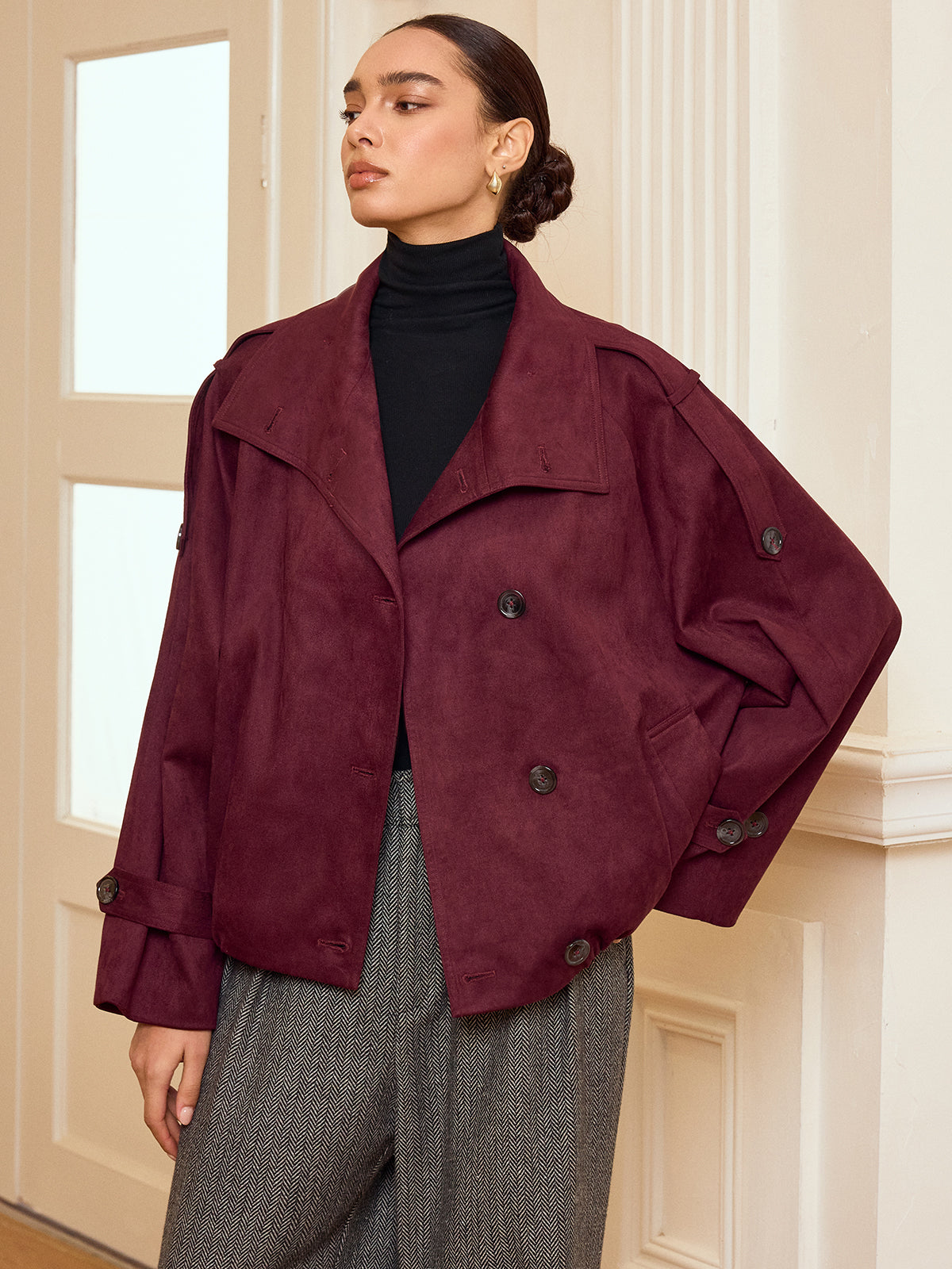 Suede Effect Cropped Trench Jacket