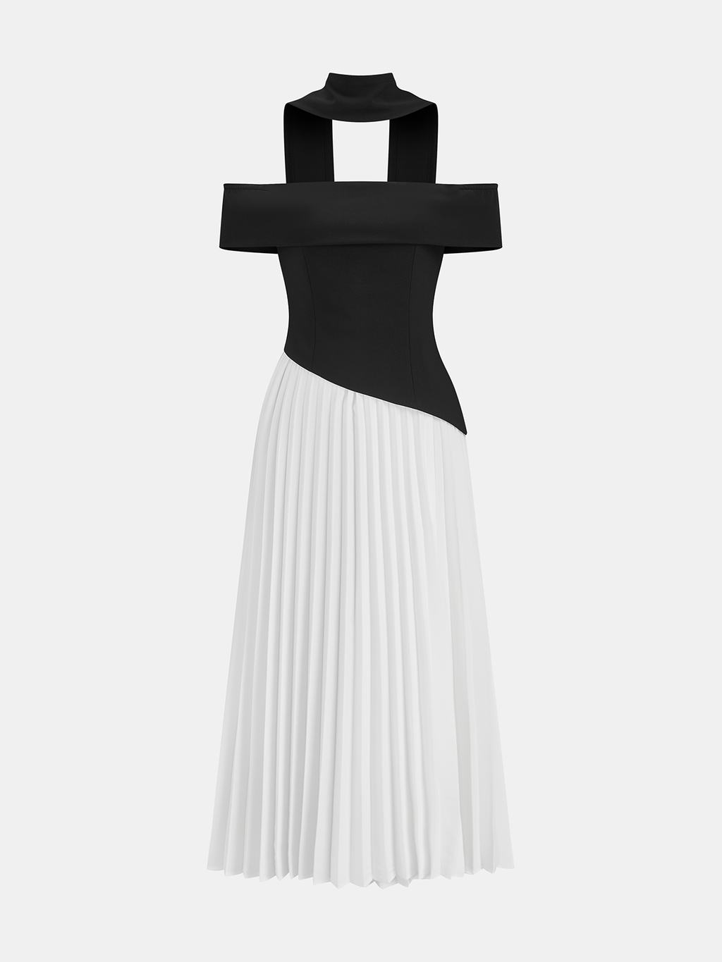 Maxikleid mit Color-Blocking, schulterfrei und plissiert