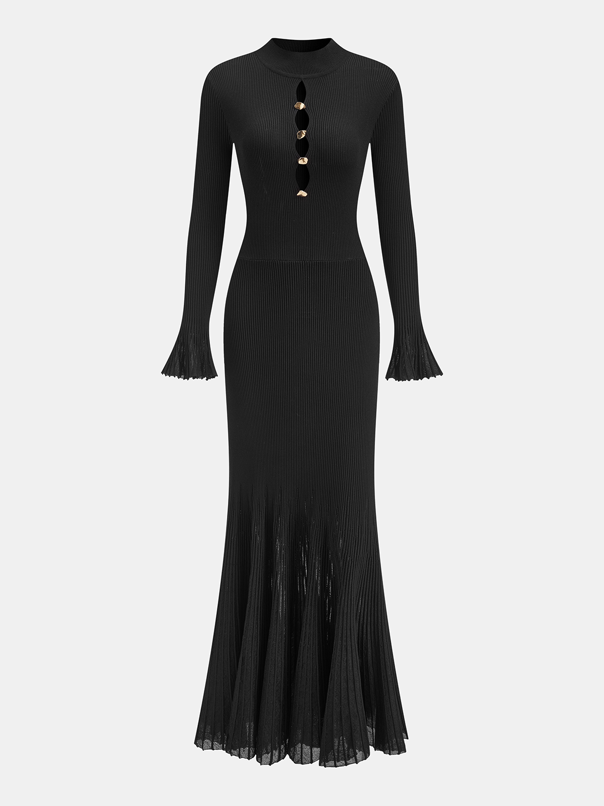 Metal Detail Cut-Out Ribbed Knit Maxi Dress