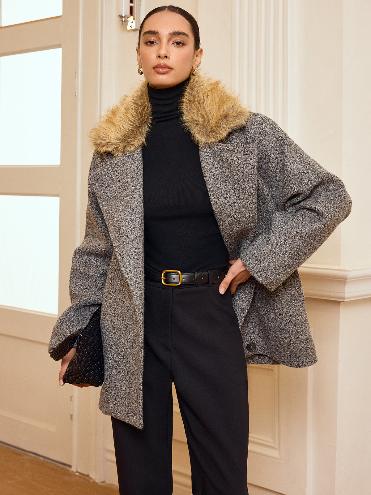 Belted Faux Fur Collar Tweed Coat